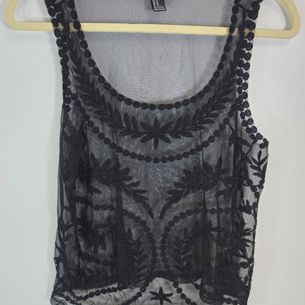 Forever 21 Black Lace Floral Embroidered Sheer Tank Top Blouse